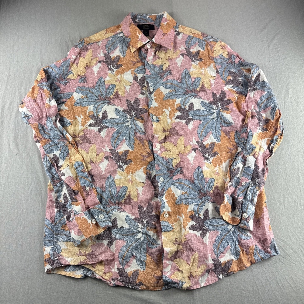 Club Room Luxury 100% Linen Shirt Mens L Floral Long Sleeve Button Up Preppy AOP